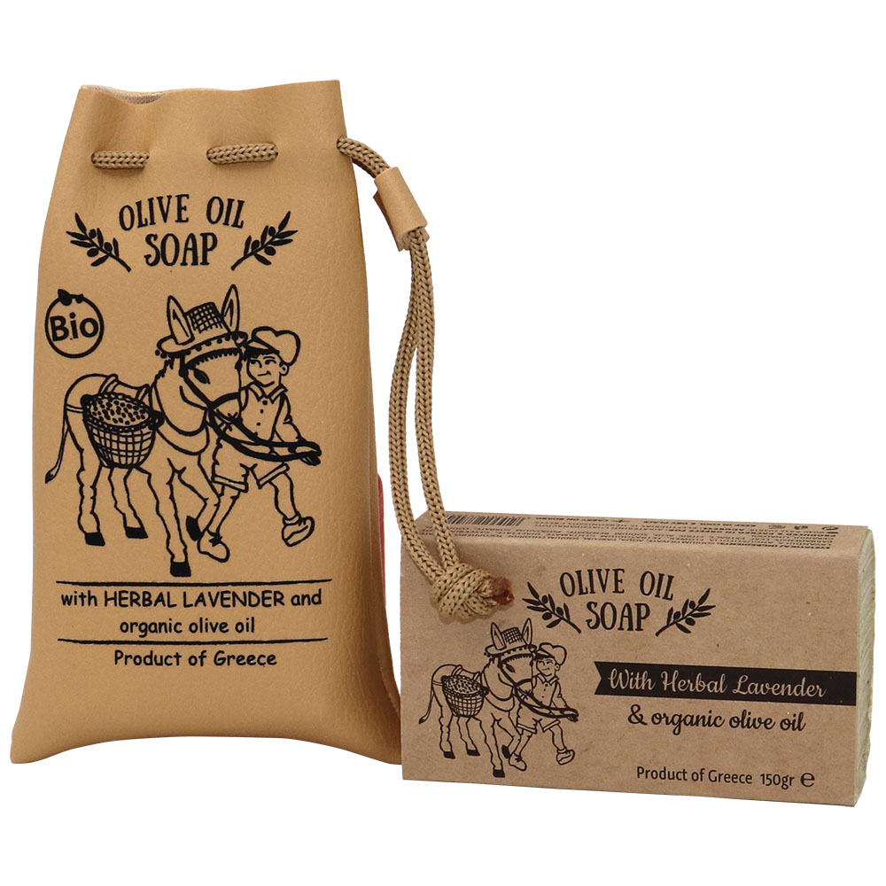 Pure natural green soap and soaps with 3 fine herbs of Greek nature in handcrafted eco-friendly leather pouch