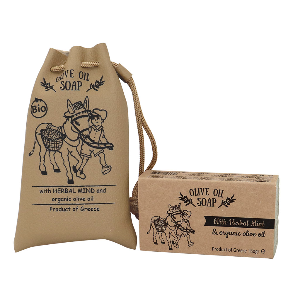 Pure natural green soap and soaps with 3 fine herbs of Greek nature in handcrafted eco-friendly leather pouch - Image 3