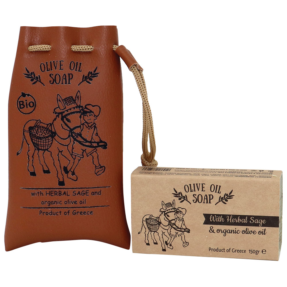 Pure natural green soap and soaps with 3 fine herbs of Greek nature in handcrafted eco-friendly leather pouch - Image 4